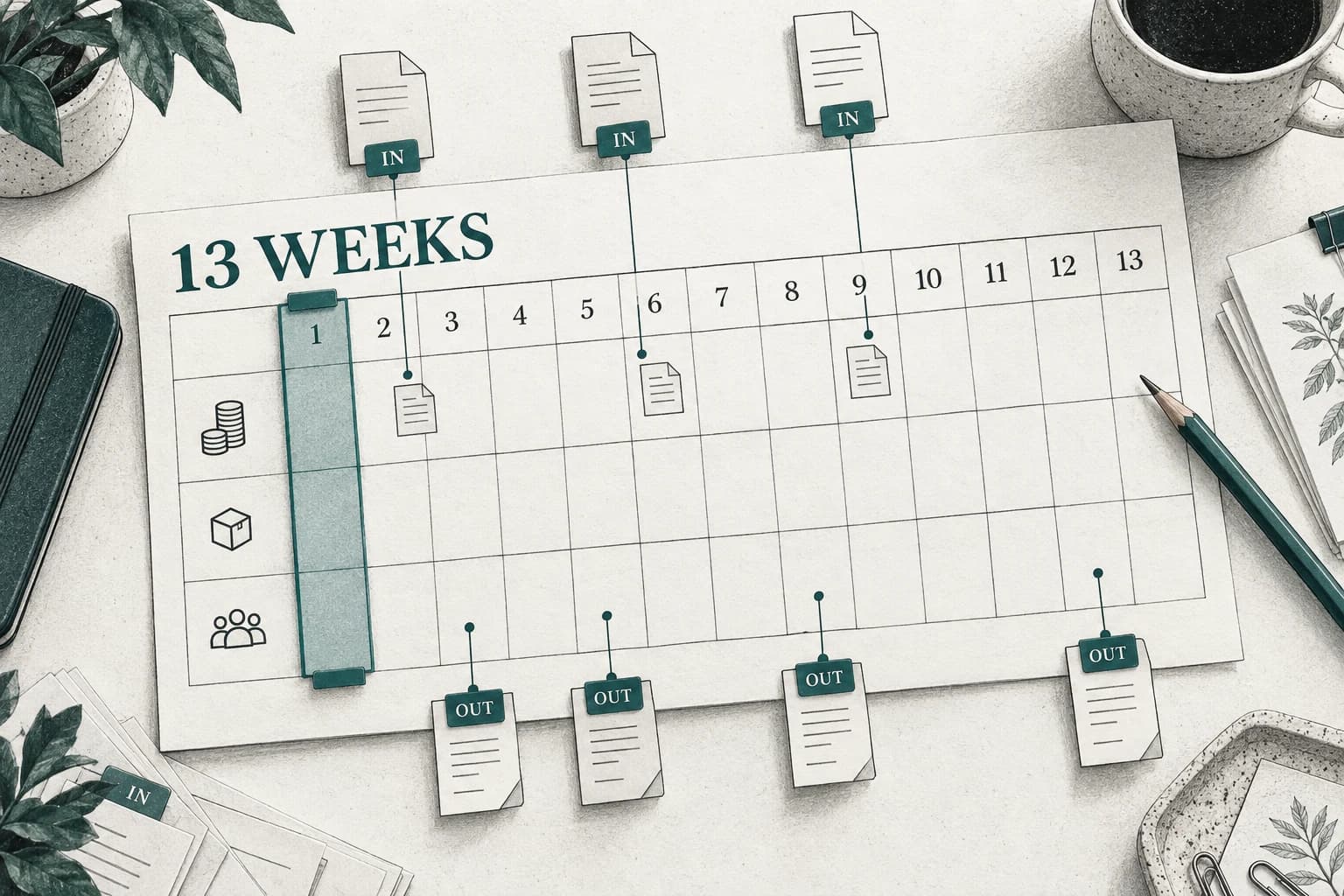 A thirteen-week working calendar positions incoming receipts and outgoing payments around a movable review marker.