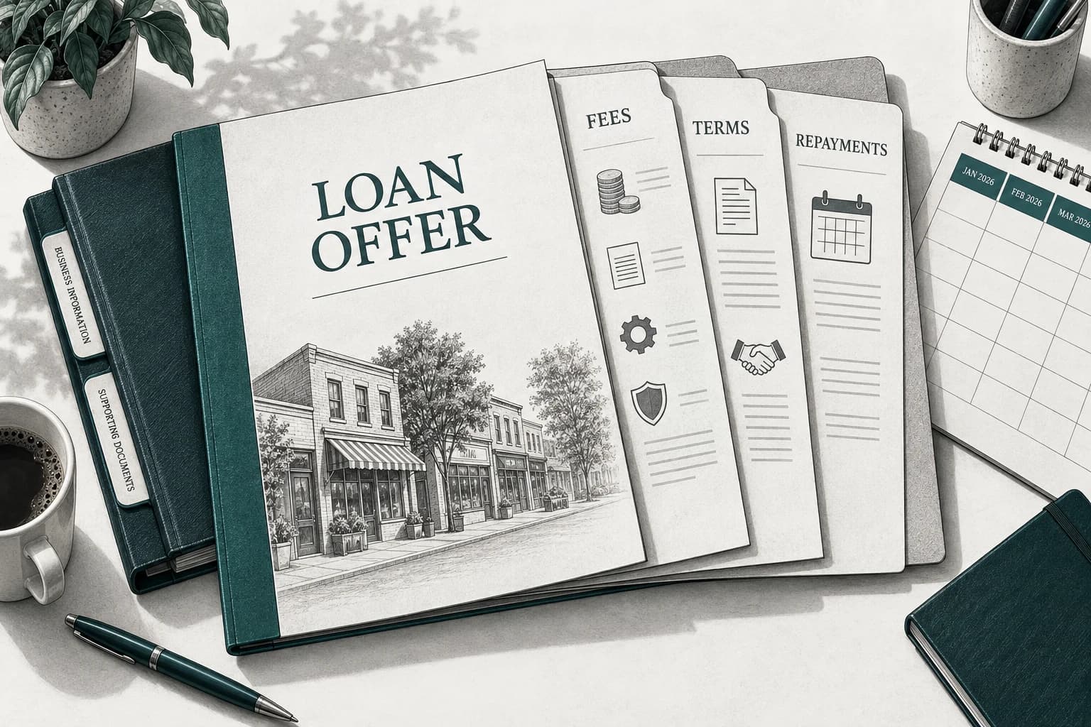 An open loan offer reveals separate fee, terms and repayment sheets beside supporting records and a calendar.
