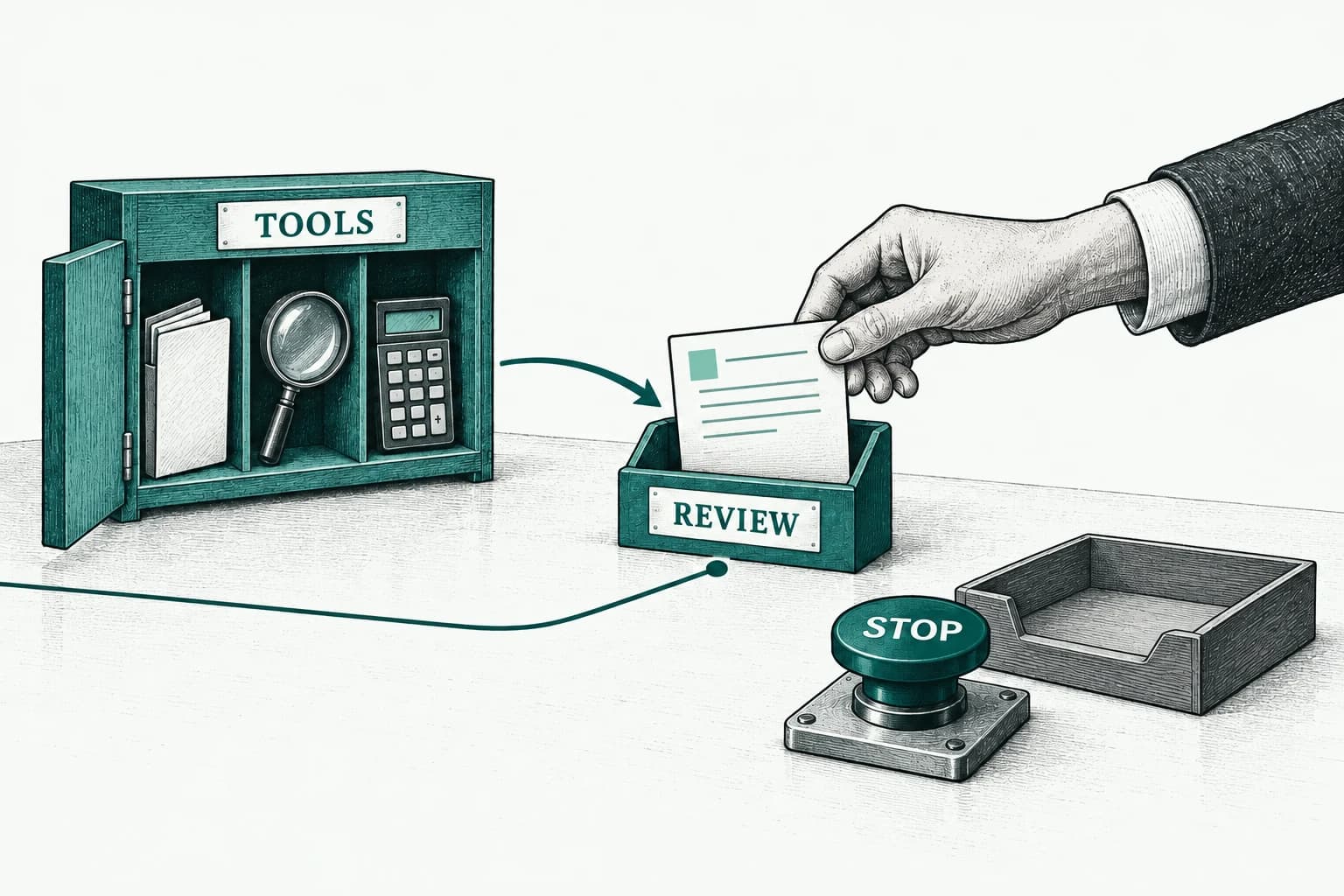 A small cabinet of business tools leads to a task held for human review beside a stop button and an empty output tray.