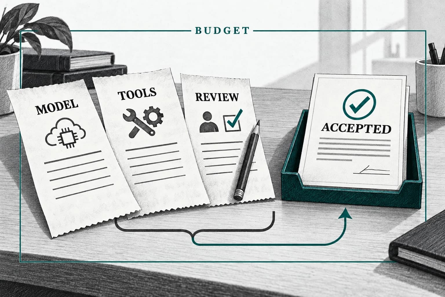 Model, tools and human-review receipts combine into one accepted document within an overall budget boundary.