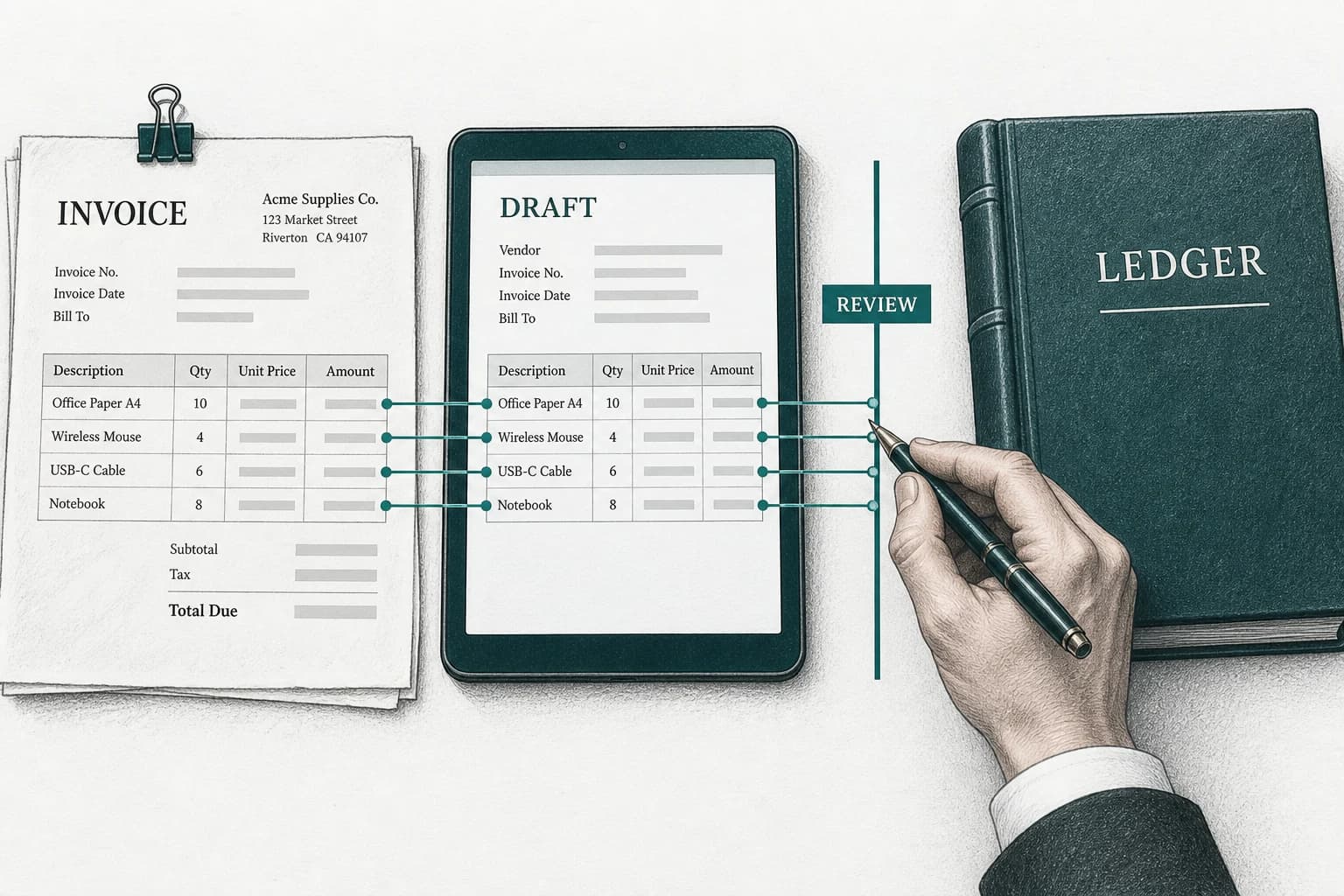 A source invoice and extracted draft stop at a human review boundary before the posting ledger.