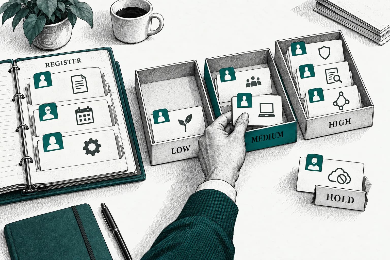 An owner-tagged AI register and low, medium and high review trays, with a held card kept outside active use.