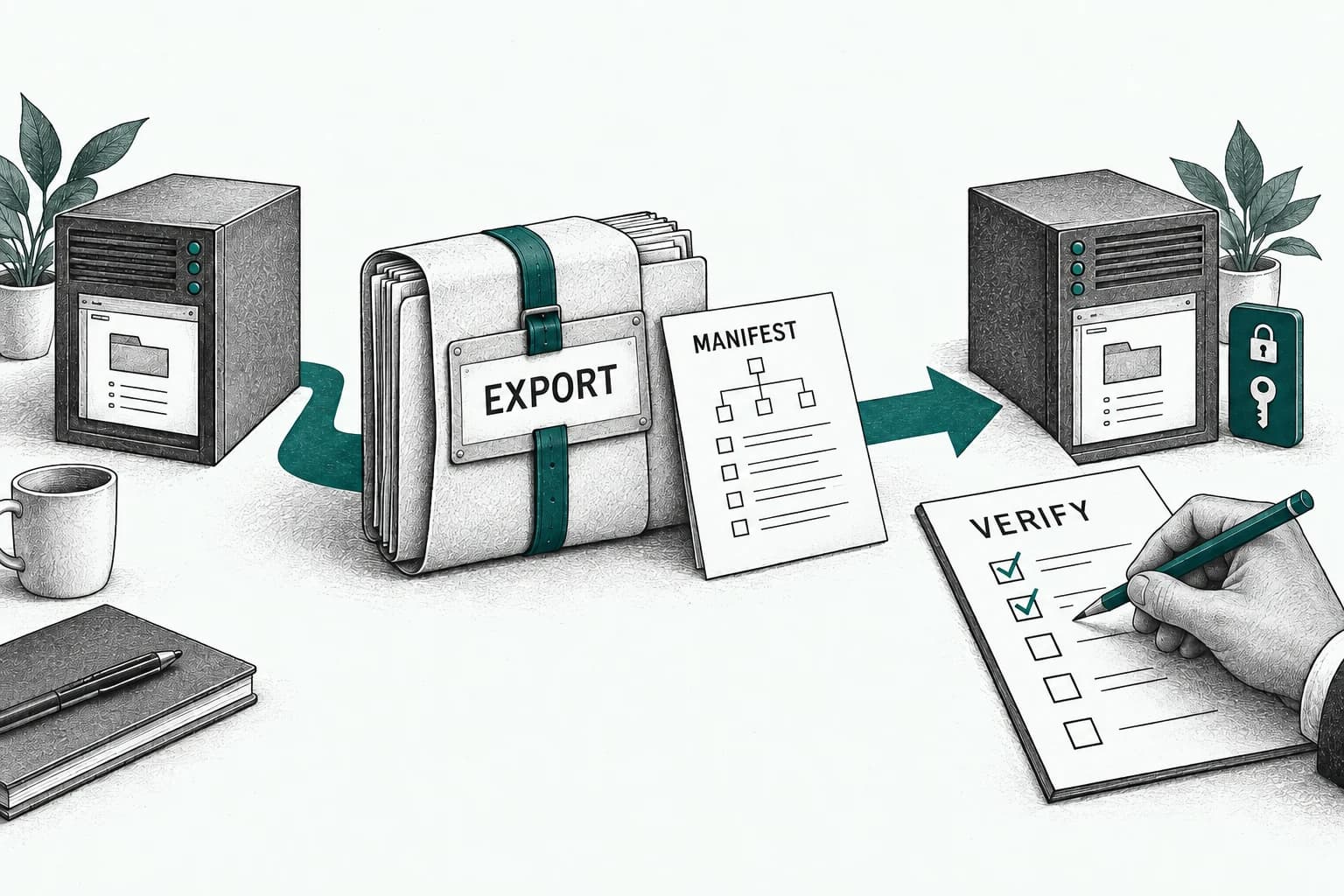 An export folio and manifest move between servers while a hand verifies the destination beside a separate identity control.