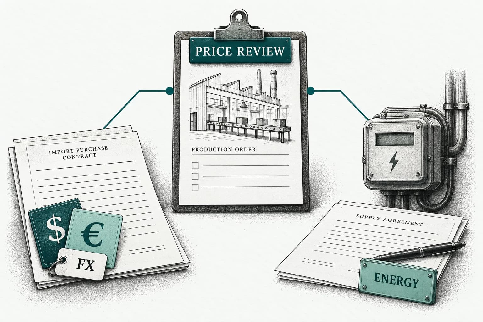An import contract with currency tabs and an energy meter connect to a production order marked Price Review.