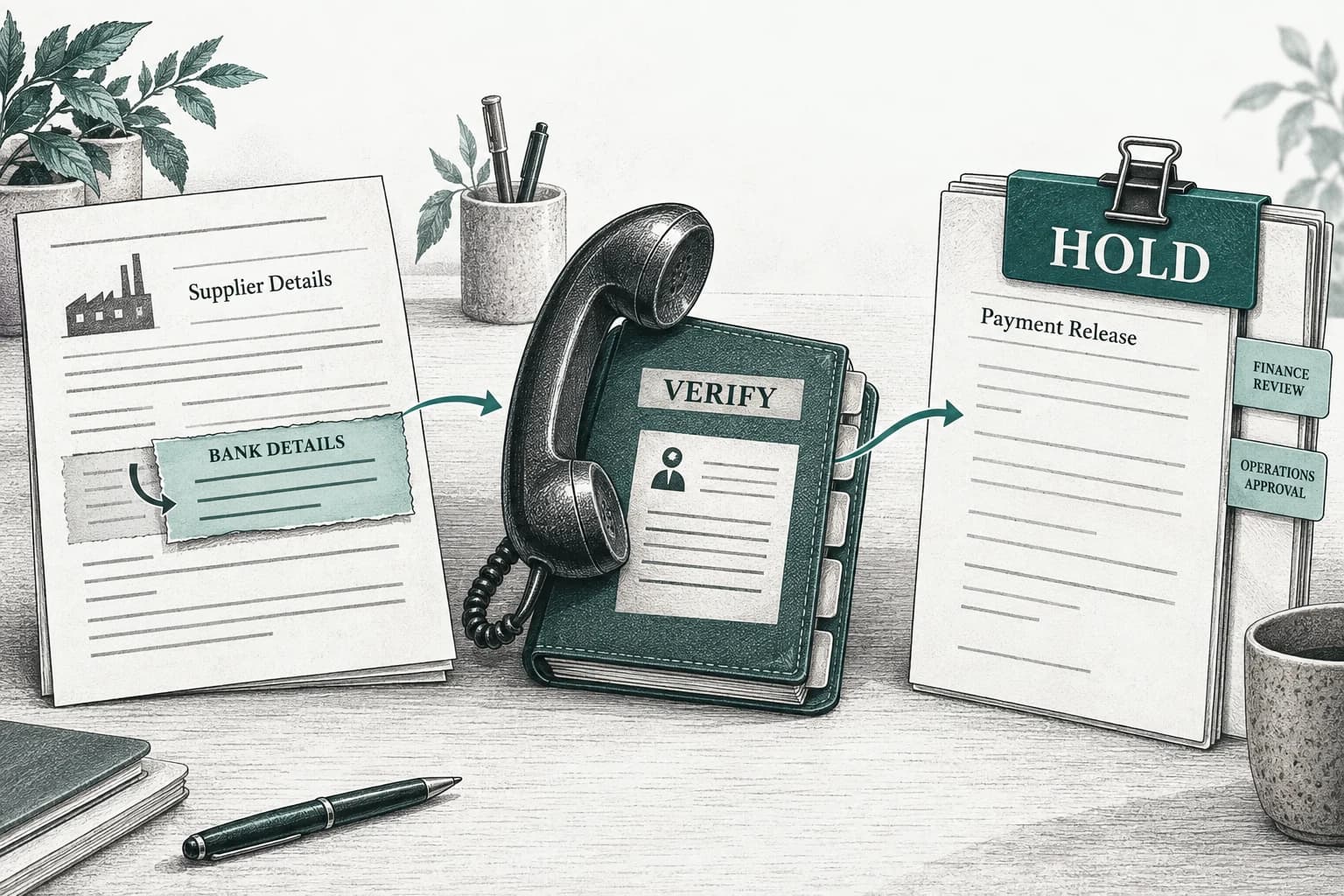 A changed supplier bank-details sheet leads to a telephone verification book and a payment document marked Hold.