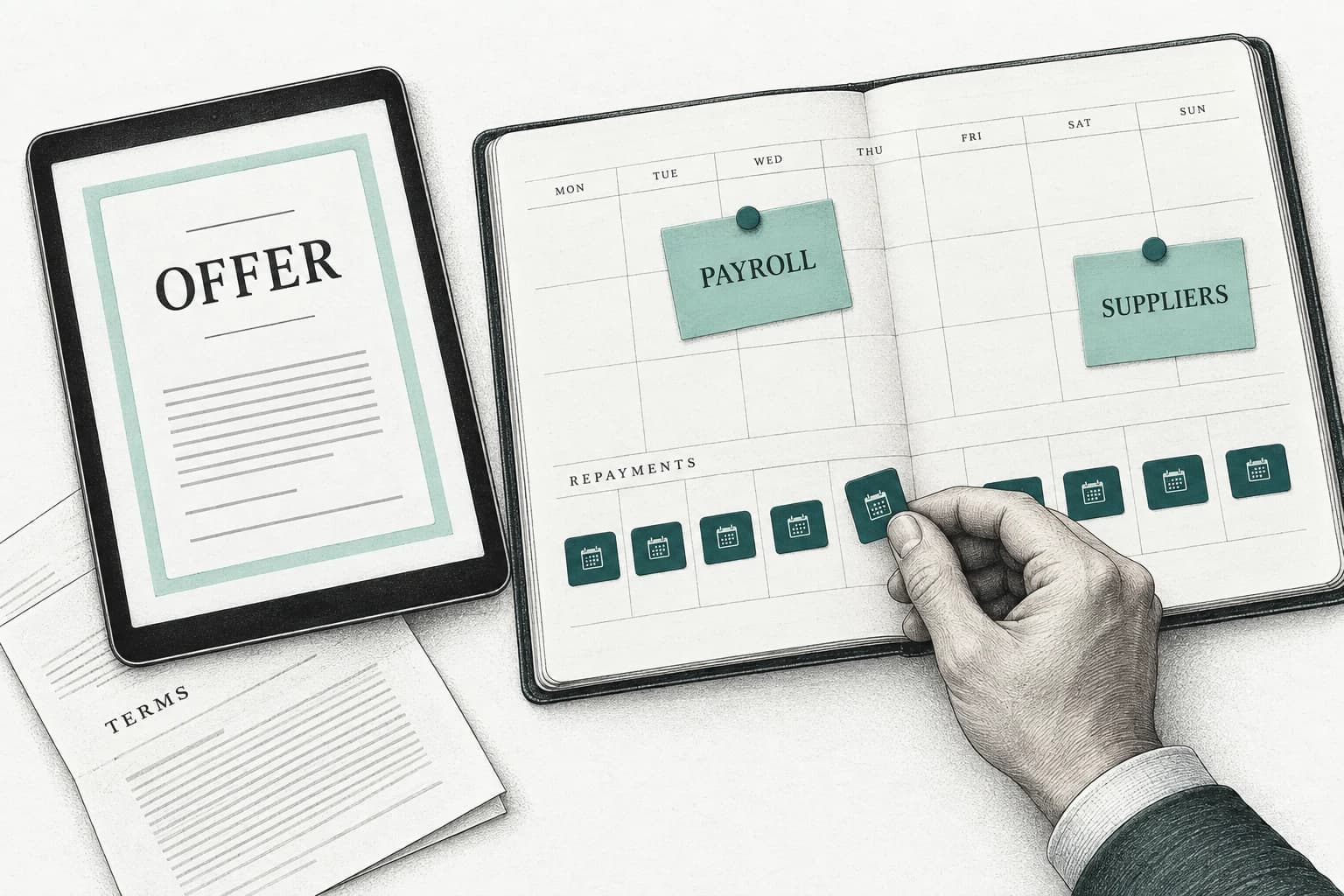 A digital loan offer and terms sit beside a calendar where repayments are compared with payroll and supplier obligations.