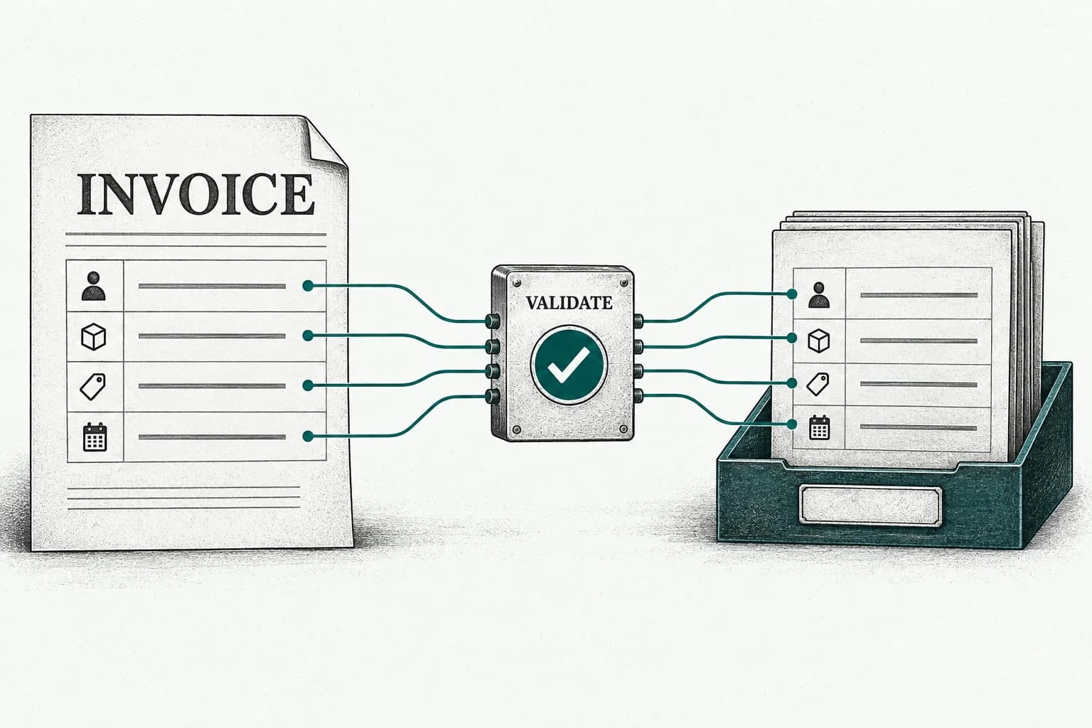 Four structured invoice fields pass through a validation checkpoint into matching accounting records.