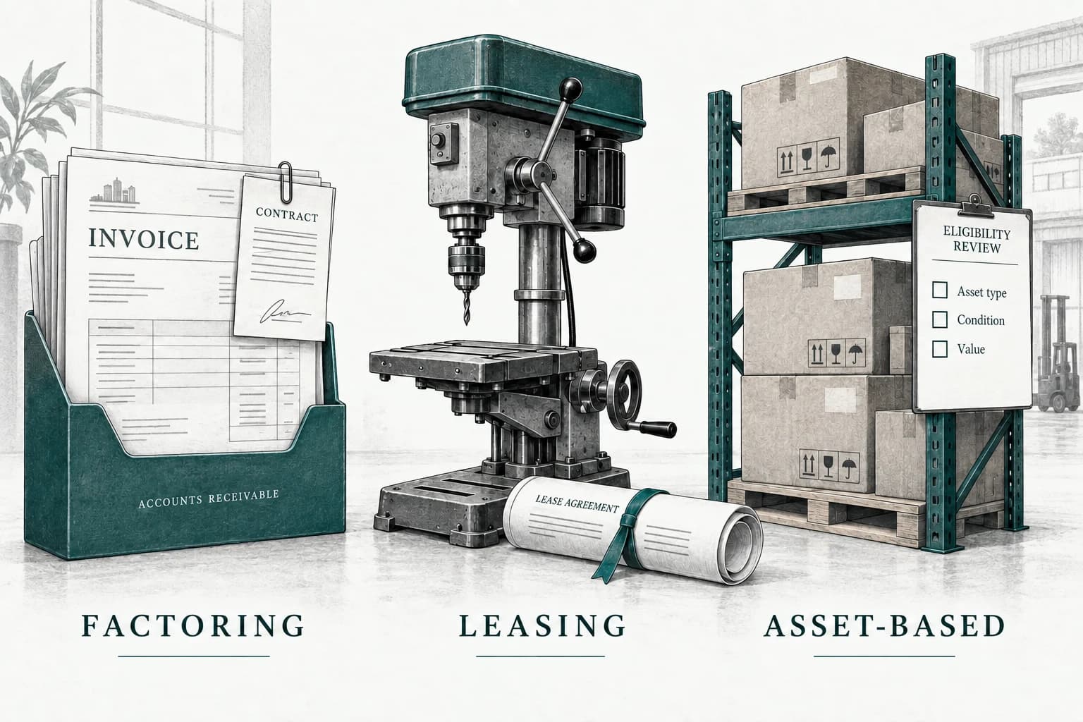 An invoice, leased drill press and stock rack distinguish receivables, equipment and asset-based funding.