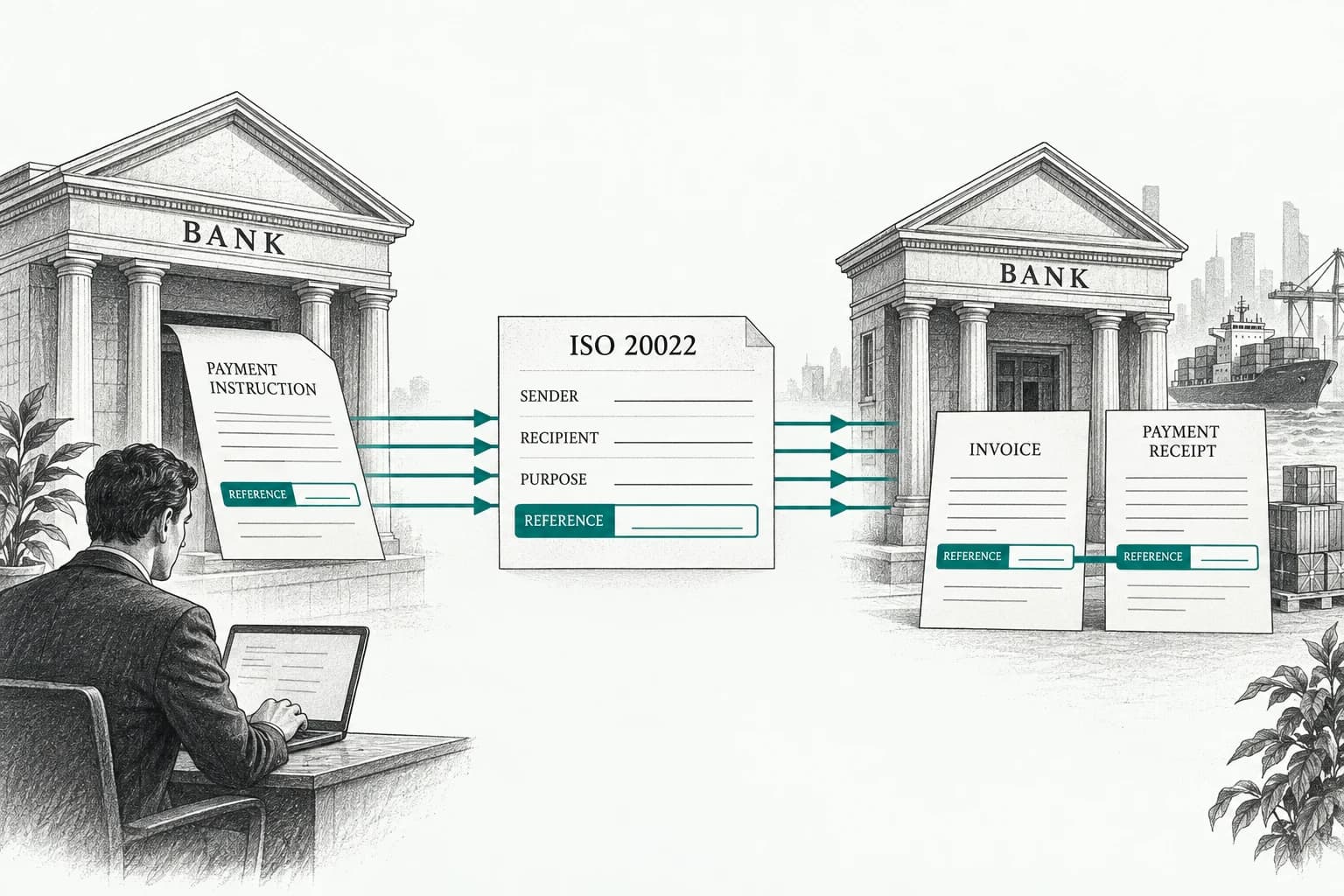 Structured payment information carries a matching invoice reference between two banks and into reconciliation.