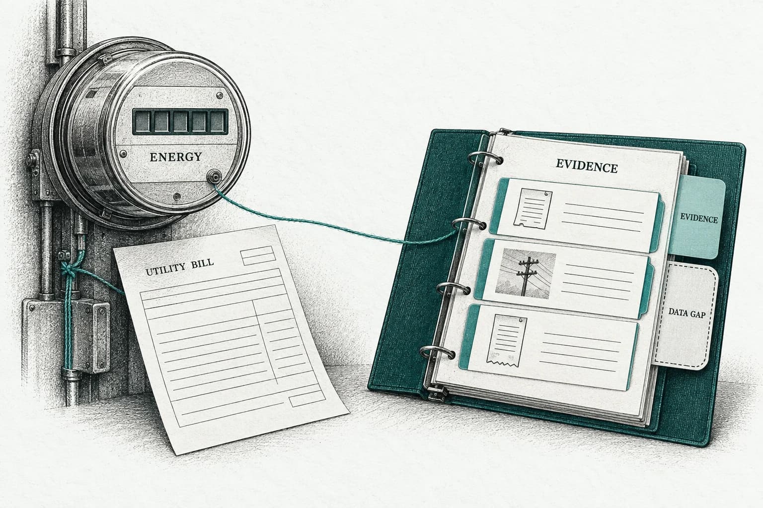 An electricity meter and utility bill connect to an evidence binder with a separate Data Gap tab.