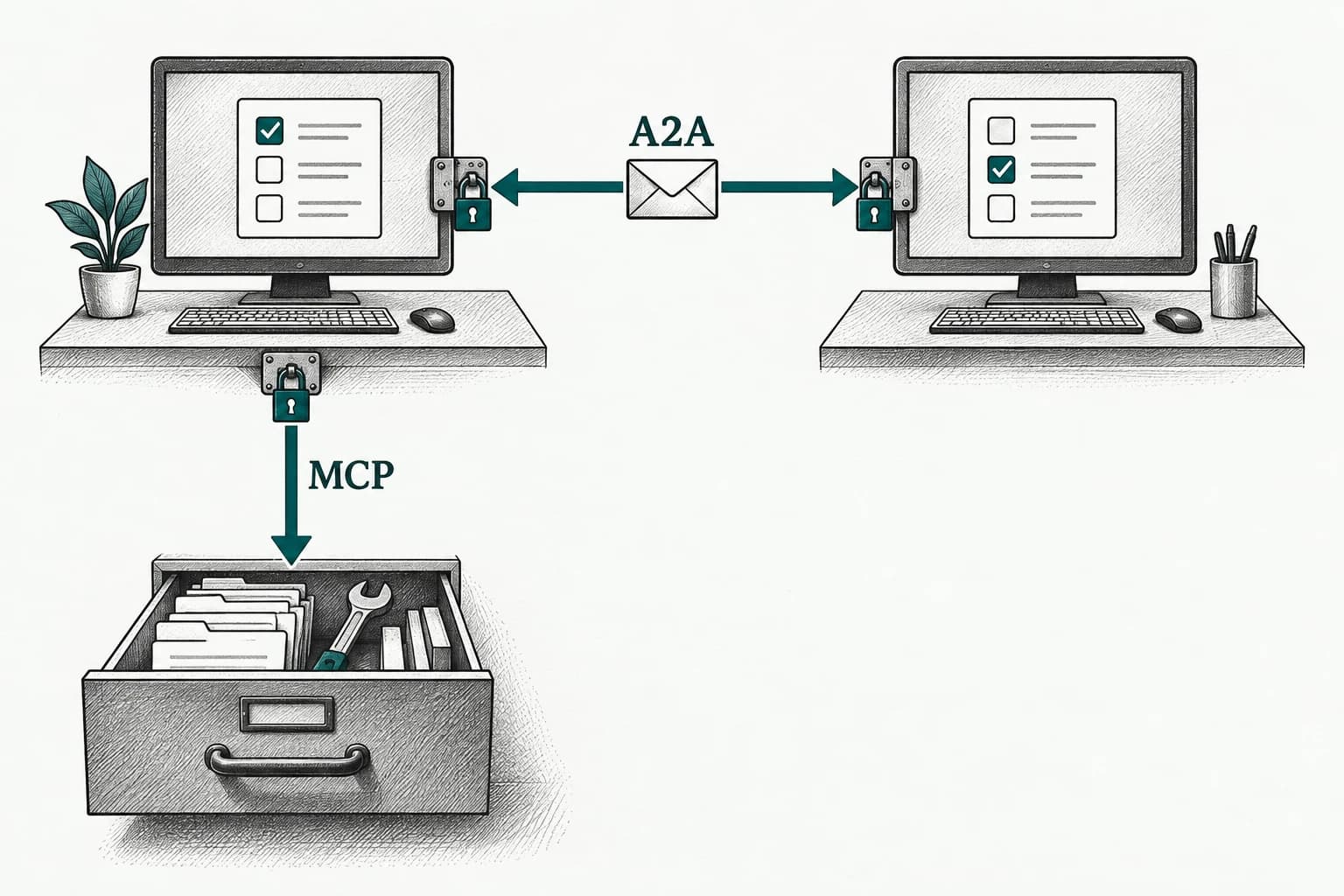 Two task terminals exchange an envelope over A2A while one connects separately through MCP to a drawer of documents and tools.