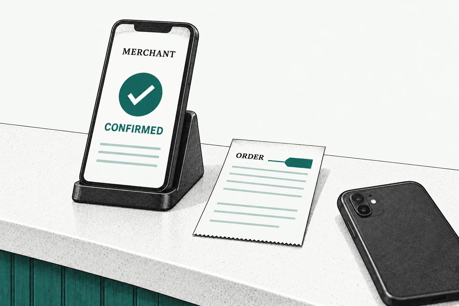 A merchant payment handset shows Confirmed beside an order receipt, while the customer's phone lies face down separately.