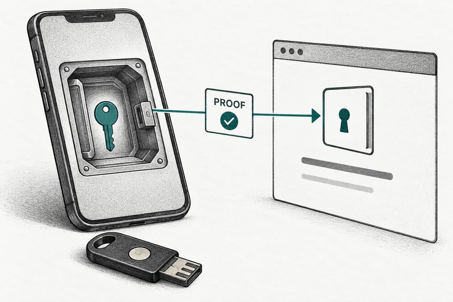 A key remains inside a phone while a proof card travels to a browser, with a separate backup security key below.
