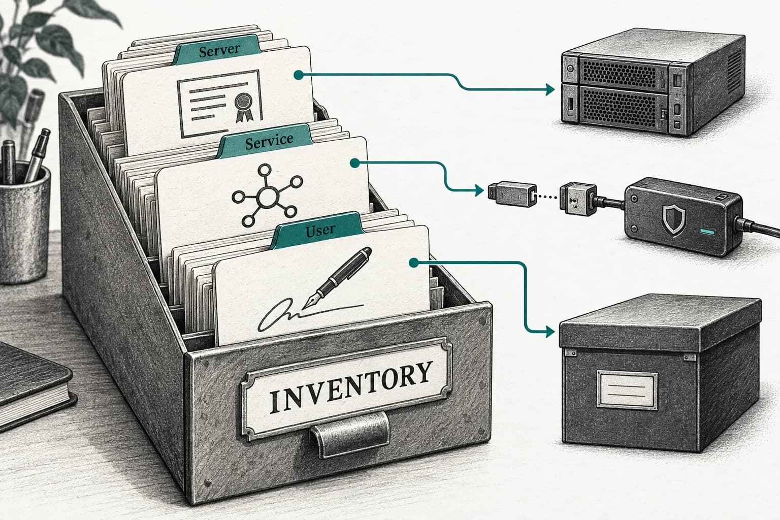 A cryptography inventory links certificate, connection and signature records to a server, signing device and archive.