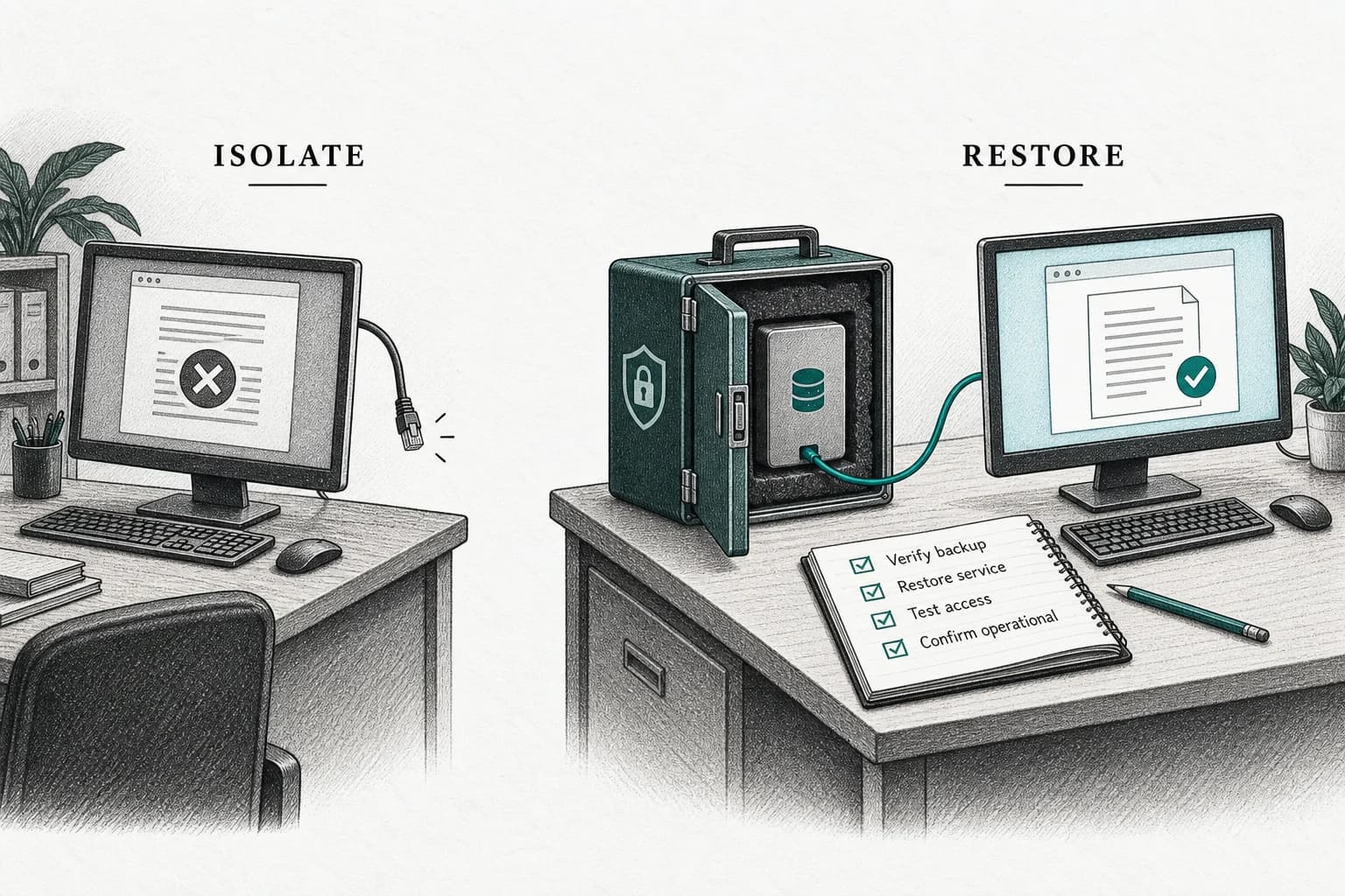 An unplugged affected computer is isolated from a protected backup restoring a clean workstation beside a recovery checklist.