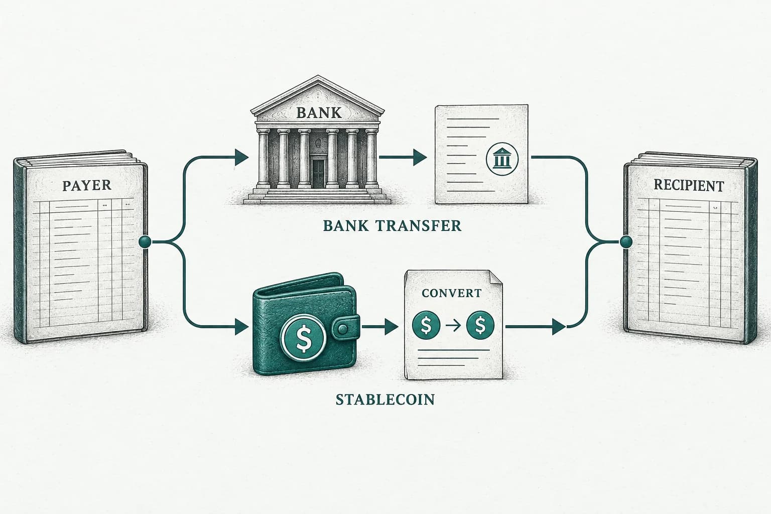 Two routes connect payer and recipient accounts: a bank transfer and a stablecoin wallet with a separate conversion step.